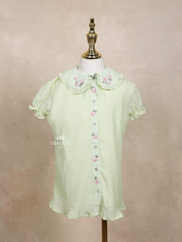 Olive Green Kids Top Adorned with 3D Flower and Stripes Design - Diadem