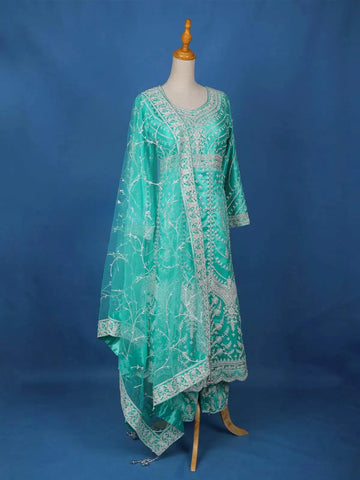 Aqua Blue Floral Embroidery Salwar Suit for Women - Diadem