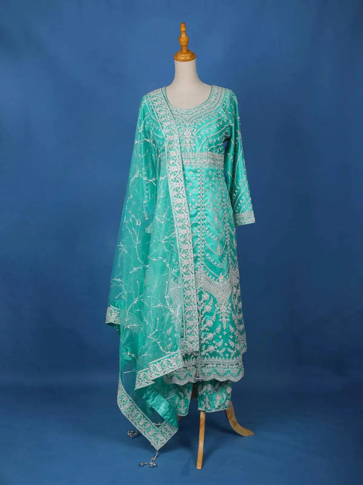 Aqua Blue Floral Embroidery Salwar Suit for Women - Diadem