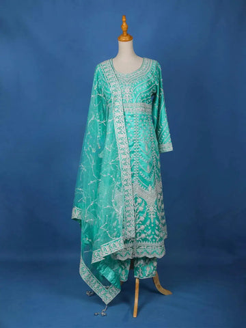 Aqua Blue Floral Embroidery Salwar Suit for Women - Diadem