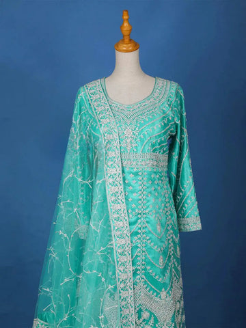 Aqua Blue Floral Embroidery Salwar Suit for Women - Diadem