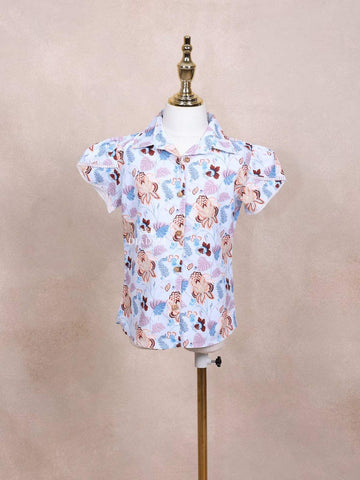 Light Blue Kids Top Adorned with Flower and Leaf Designs - Diadem