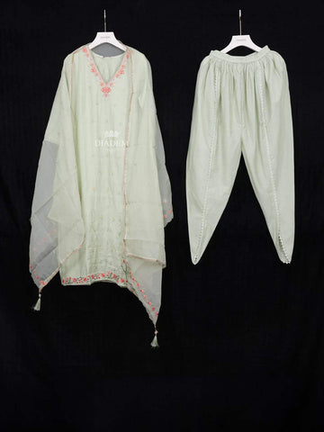 Light Green Straight Cut Salwar Suit Adorned with Sequins and Floral Design with Dupatta - Diadem
