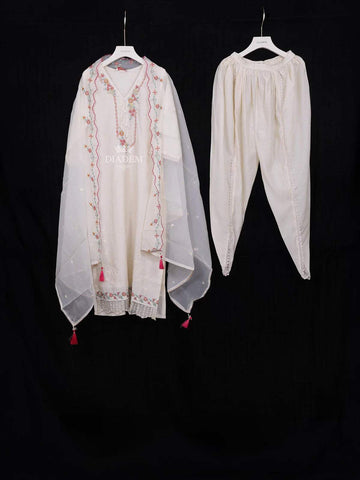 Ivory Straight Cut Salwar Suit Adorned with Sequins and Floral Design with Dupatta - Diadem