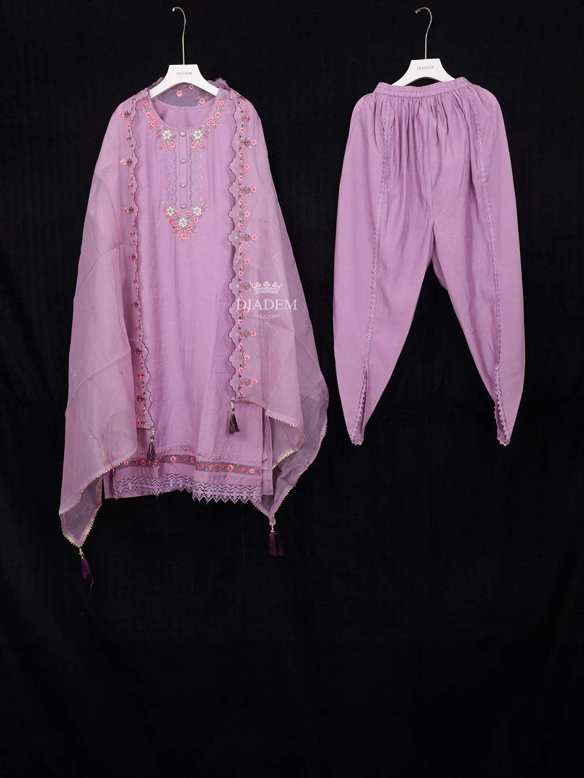 Purple Straight Cut Salwar Suit Adorned with Sequins and Floral Design with Dupatta - Diadem