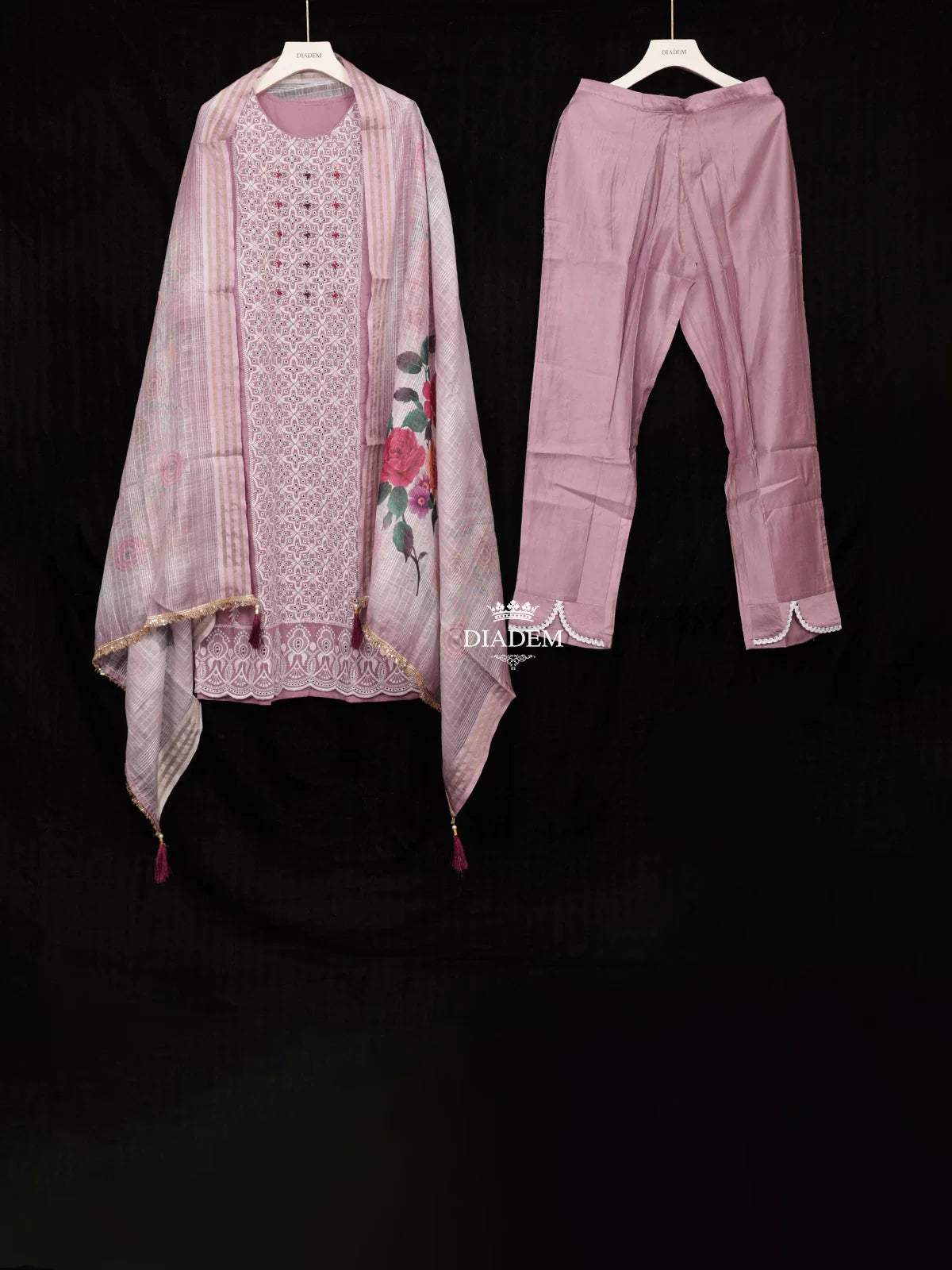 Lavender Silk Cotton Straight Cut Salwar Suit Adorned with Floral Prints and Threadwork, Paired with Dupatta - Diadem