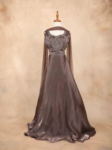 Dark Brown Gown with Sequins, Beads and Floral Design - Diadem