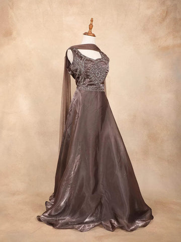 Dark Brown Gown with Sequins, Beads and Floral Design - Diadem