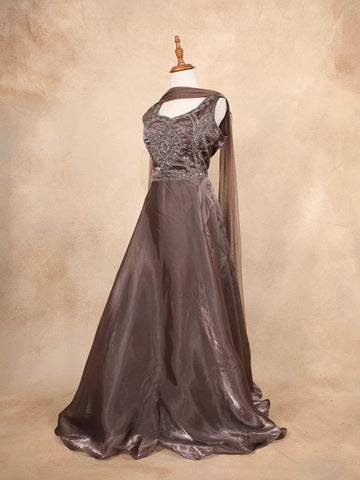 Dark Brown Gown with Sequins, Beads and Floral Design - Diadem