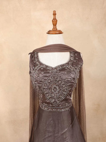 Dark Brown Gown with Sequins, Beads and Floral Design - Diadem