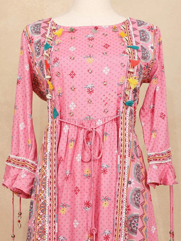 Pink Kurti Top Adorned with Pearls and Floral Design - Diadem