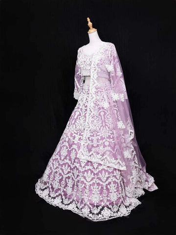 Lavender Net Lehenga Embellished with Floral Embroidery paired with Dupatta - Diadem