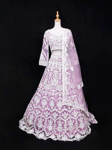 Lavender Net Lehenga Embellished with Floral Embroidery paired with Dupatta - Diadem