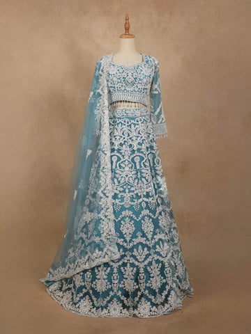 Teal Blue Lehenga Embellished with Sequins and Thread Floral Design with Dupatta - Diadem