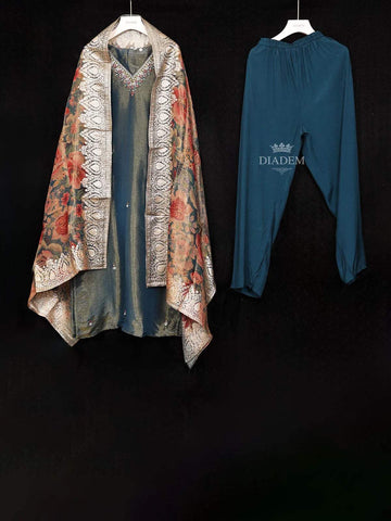 Peacock Blue Tissue Straight Cut Salwar Suit Adorned with Floral Embroidery, Paired with Dupatta - Diadem