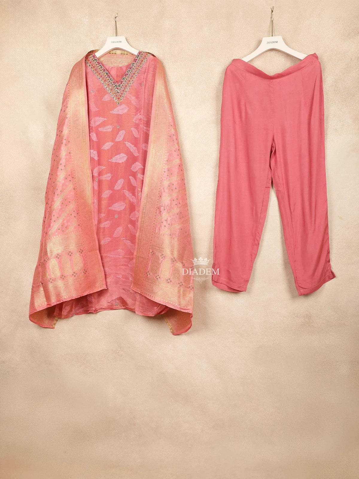 Pink Straight Cut Salwar Suit Adorned with Embroidery and Printed Feather Design with Dupatta - Diadem
