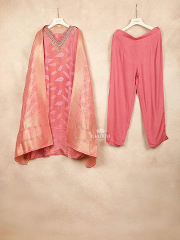 Pink Straight Cut Salwar Suit Adorned with Embroidery and Printed Feather Design with Dupatta - Diadem