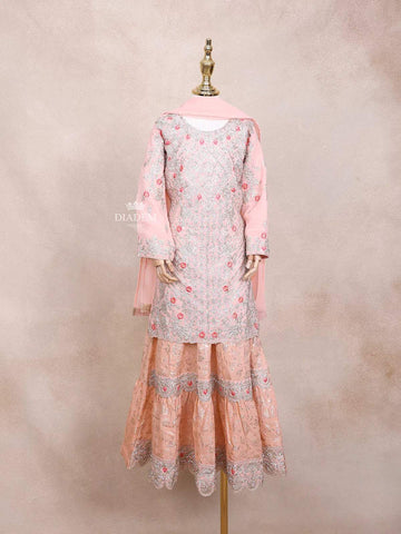 Light Pink Kids Lehenga Adorned with Sequins and Floral Design with Dupatta - Diadem