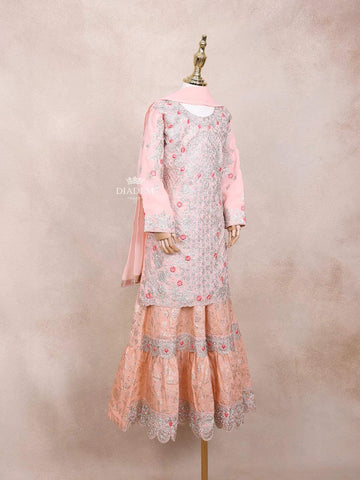 Light Pink Kids Lehenga Adorned with Sequins and Floral Design with Dupatta - Diadem