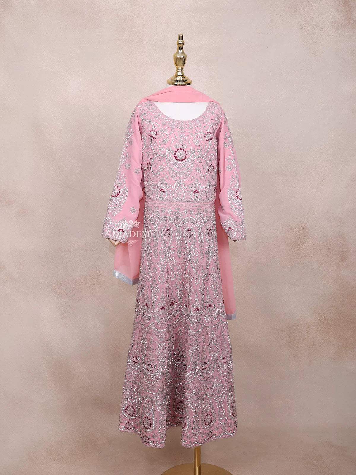 Pink Kids Lehenga Adorned with Sequins and Beads Floral Design with Dupatta - Diadem