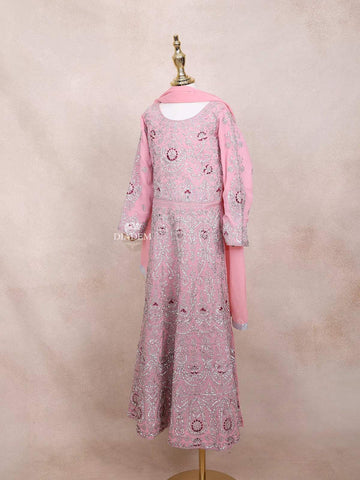 Pink Kids Lehenga Adorned with Sequins and Beads Floral Design with Dupatta - Diadem