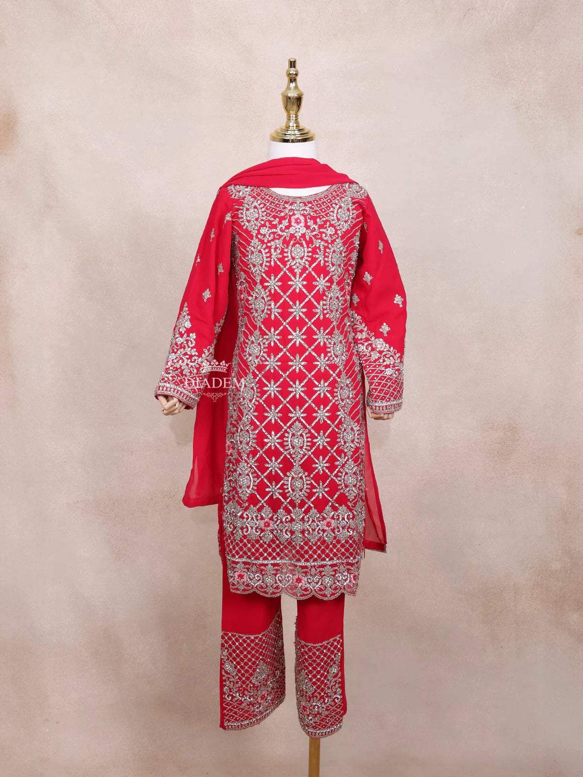 Red Kids Salwar Suit Embellished with Sequins and Stones Floral Design with Dupatta - Diadem