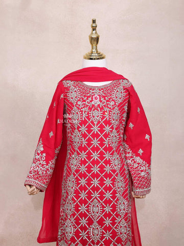 Red Kids Salwar Suit Embellished with Sequins and Stones Floral Design with Dupatta - Diadem