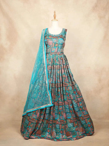 Teal Blue Gown with Mirror Work and Floral Design - Diadem