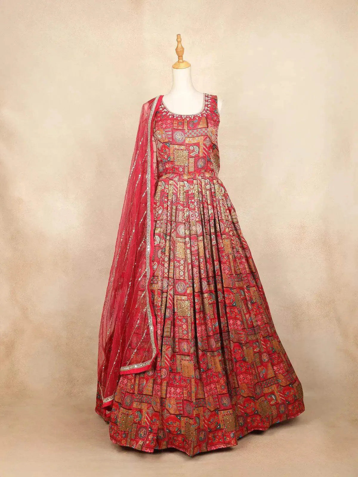 Red Pink Gown with Mirror Work, Floral Design and Dupatta - Diadem