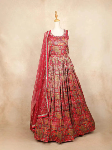 Red Pink Gown with Mirror Work, Floral Design and Dupatta - Diadem