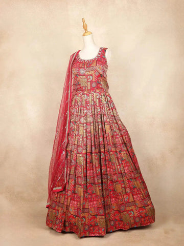 Red Pink Gown with Mirror Work, Floral Design and Dupatta - Diadem