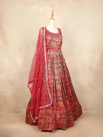 Red Pink Gown with Mirror Work, Floral Design and Dupatta - Diadem