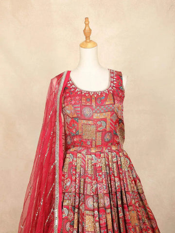 Red Pink Gown with Mirror Work, Floral Design and Dupatta - Diadem