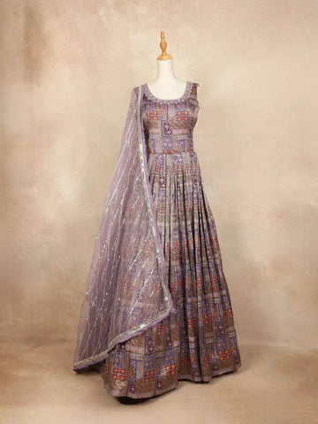Purple Banarasi Gown with Mirror Stones, Checked Floral Design - Diadem
