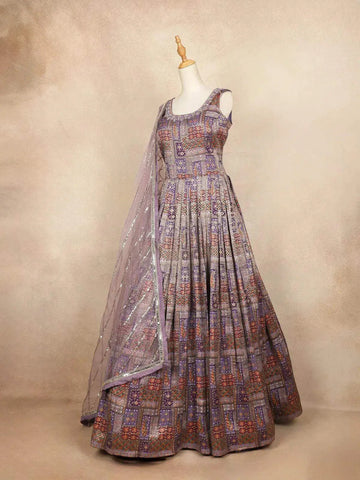 Purple Banarasi Gown with Mirror Stones, Checked Floral Design - Diadem