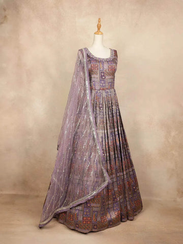Purple Banarasi Gown with Mirror Stones, Checked Floral Design - Diadem