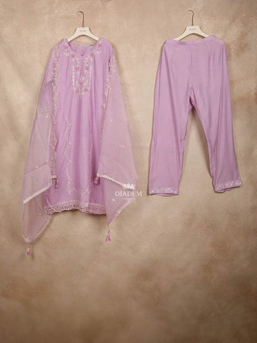 Lavender Straight Cut Salwar Suit for Women Adorned with Embroided Flower Deign with Dupatta - Diadem