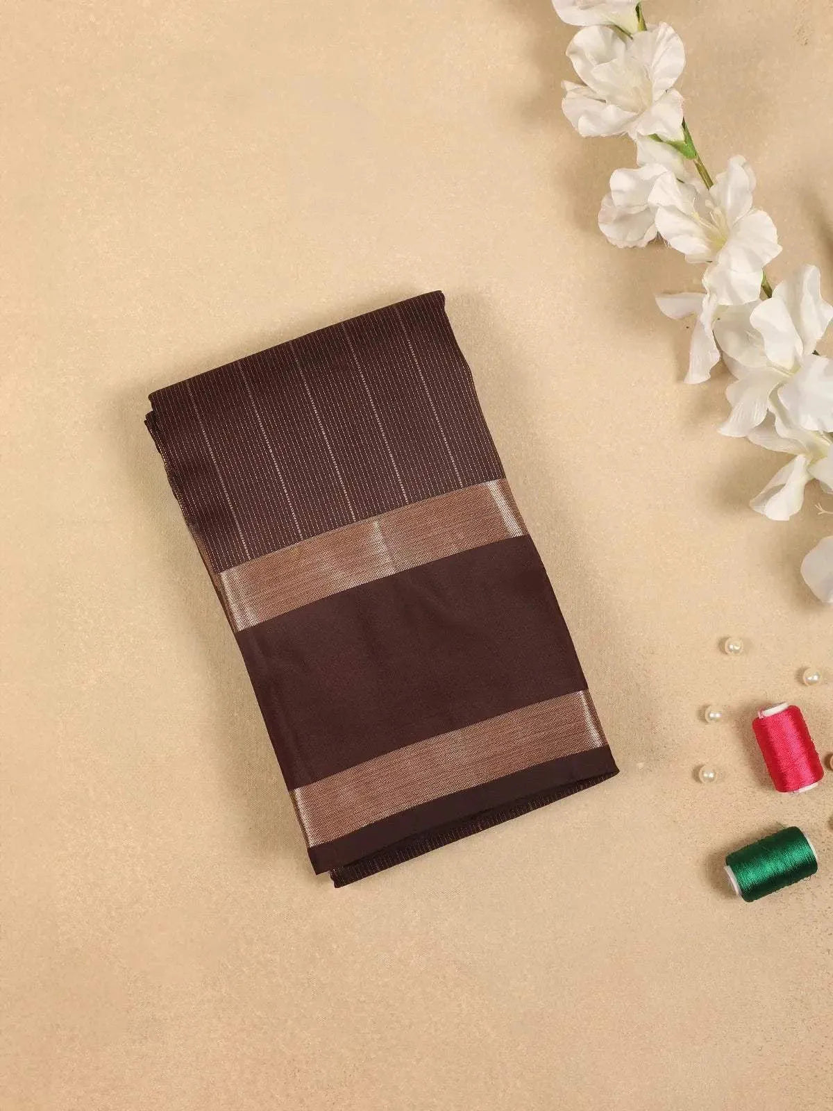 Brown Pure Kanchipuram Bridal Silk Saree with Stripes Design on the Body with Zari Border - Diadem