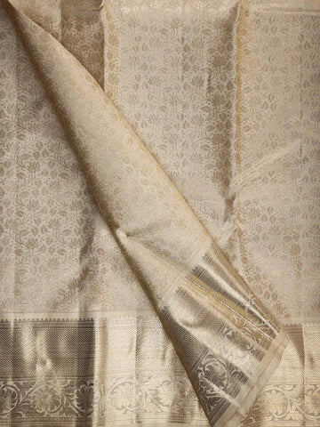 White Pure Kanchipuram Bridal Silk Saree with Vines Motif on the Body with Matching Border - Diadem