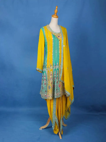 Yellow and Sea Green Dhoti Salwar Suit Online - Diadem