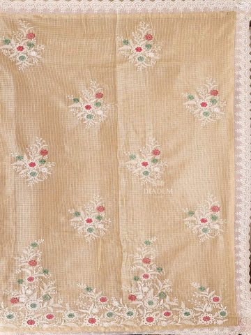 Light Beige Tissue Banarasi Saree with Chikankari work on the Body and Floral Lace Border - Diadem