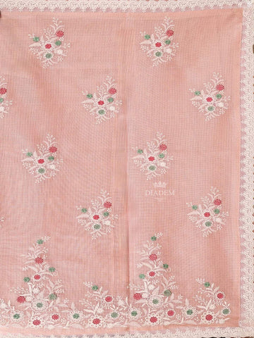 Onion Pink Tissue Banarasi Saree with Chikankari work on the Body and Floral Lace Border - Diadem