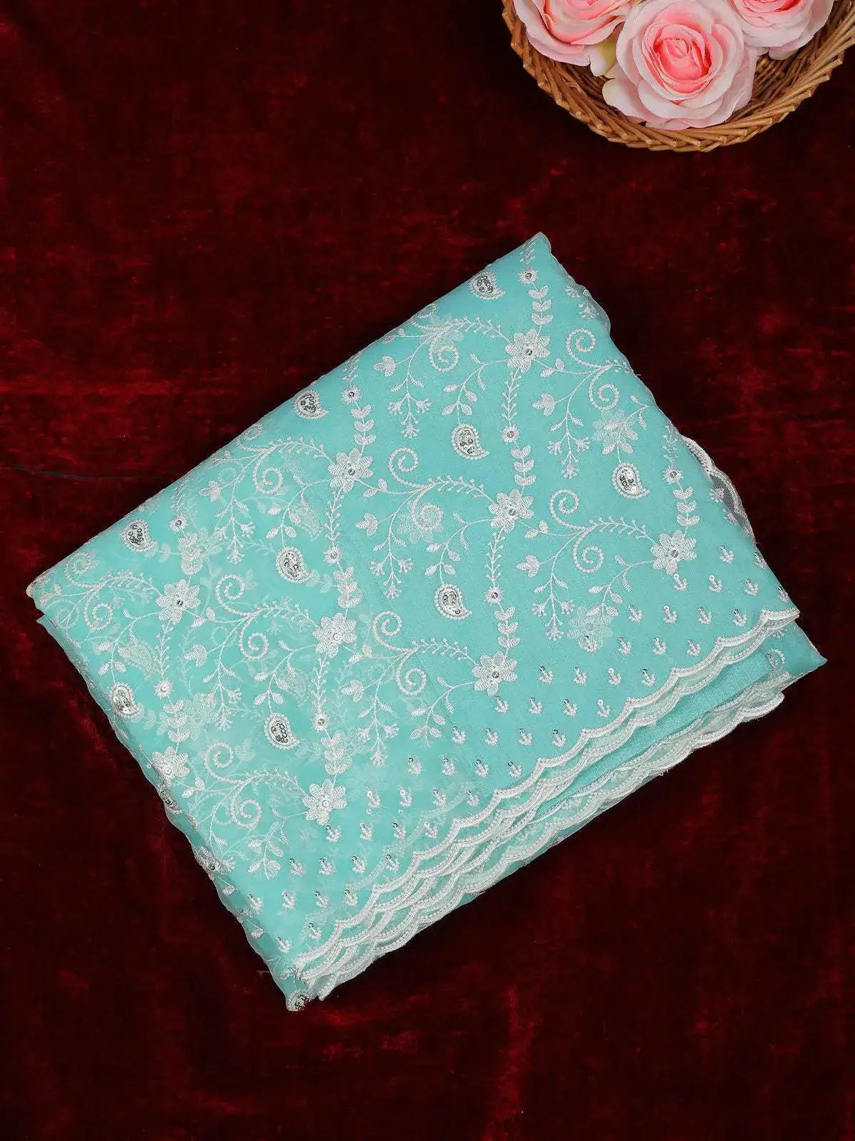 Aqua Blue Floral Thread Embroidered Organza Saree - Diadem