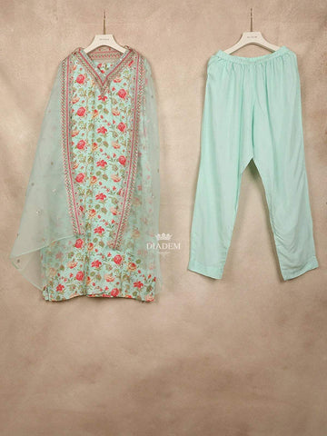 Light Green Straight Cut Salwar Suit Embellished with Embroidered Mirror Floral Design, Paired with Dupatta - Diadem