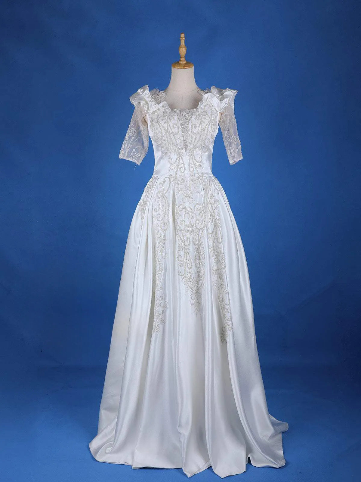 White Satin Floral Glitters Wedding Gown - Diadem