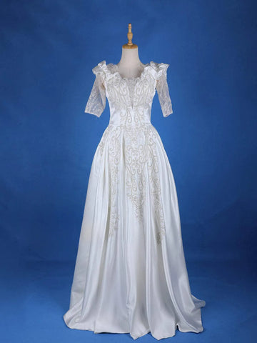 White Satin Floral Glitters Wedding Gown - Diadem