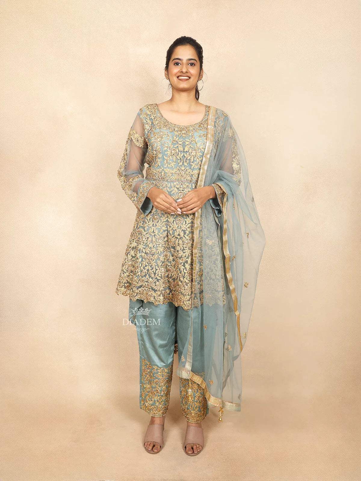 Turquoise Blue Straight Cut Salwar Suit for Women Adorned with Sequins and Floral Design Paired with Dupatta - Diadem