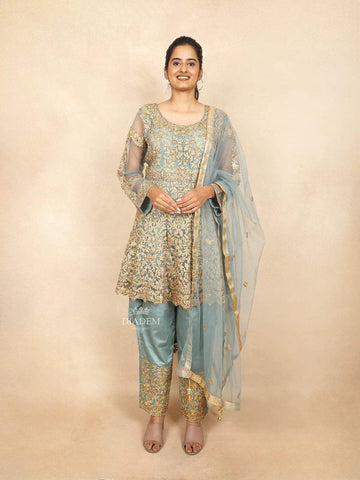 Turquoise Blue Straight Cut Salwar Suit for Women Adorned with Sequins and Floral Design Paired with Dupatta - Diadem