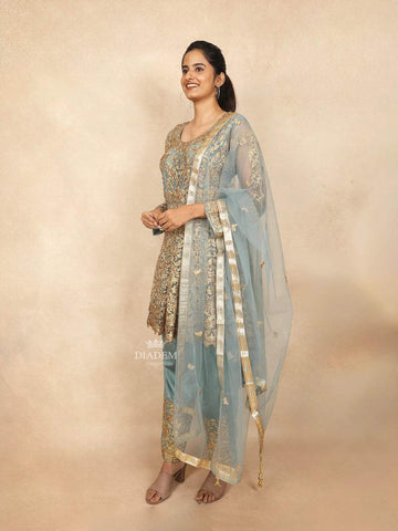 Turquoise Blue Straight Cut Salwar Suit for Women Adorned with Sequins and Floral Design Paired with Dupatta - Diadem