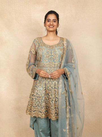 Turquoise Blue Straight Cut Salwar Suit for Women Adorned with Sequins and Floral Design Paired with Dupatta - Diadem